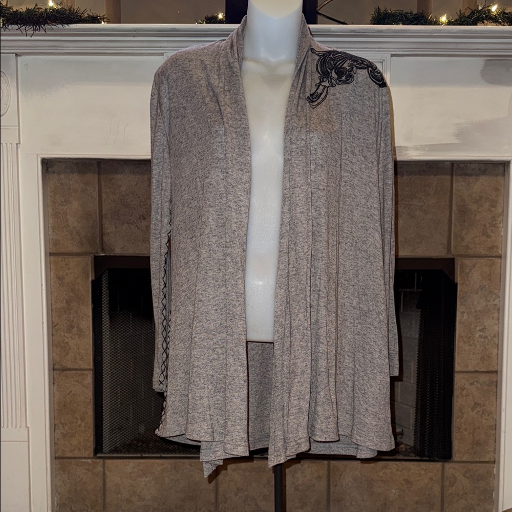 Luxe Gray Open Front Sweater Cardigan Poncho with Black Embroidered Detail